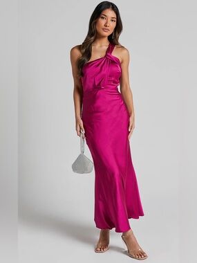 NWT Showpo One-Shoulder Twist Satin Midi Dress in grape (berry) size 10